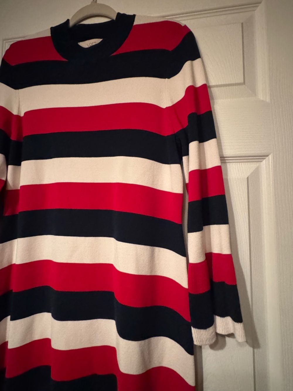 LOFT Sz Large Navy, Red and Off White Striped Sweater Dress w/glitter sleeve hem - Picture 5 of 10